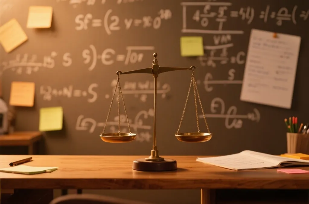 a generic balance scale on a wooden desk with mathematical formulas and notes